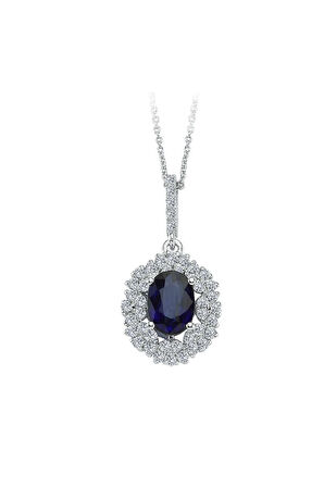 Çift Sıra Pırlanta ve Oval Safir Taşlı Anturaj Kolye
