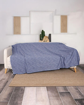Çok Amaçlı Pamuklu Kaliteli Sık Dokuma 175X215 Cm Kaymaz Koltuk Kanepe Örtüsü - Mavi 
