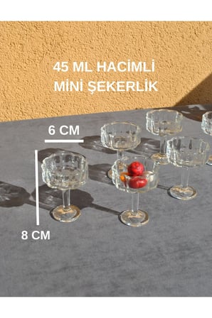 6 Adet Cam Ayaklı Mini Şekerlik Kahve Yanı 6 cm Lokumluk İkramlık- Rose