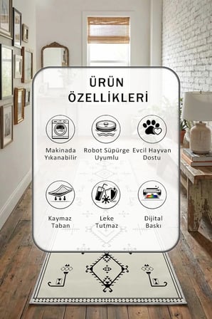 Kleopatra Krem Syh Yıkanabilir Kaymaz Taban Dijital Baskılı Yolluk Halı