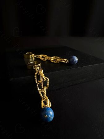 Lapis Lazuli Doğal Taşlı Gold Çelik Küpe | Sevgili Takı Koleksiyonu