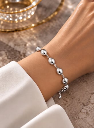 Modern Tasarım Parlak Küre Boncuklu Silver Renk Çelik Bileklik | ST Serisi
