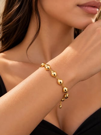 Modern Tasarım Parlak Küre Boncuklu Gold Renk Bileklik | Kadın Kalın Zincir Bileklik | ST Serisi