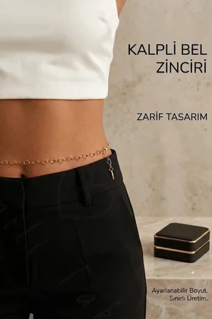 Ayarlanabilir Kalp Detaylı Gold Renk Çelik Bel Zinciri | Kadın Bel Takısı | Vücut Aksesuarı | 777 Serisi