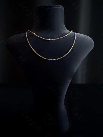 İkili Gold Zincir Choker Çelik Kolye -Vega Serisi