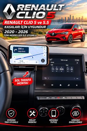 Renault Clio 5, 5.5 Uyumlu Araca Özel MagSafe Telefon Tutacagı 2020-2026 Model Soldan Aparatlı