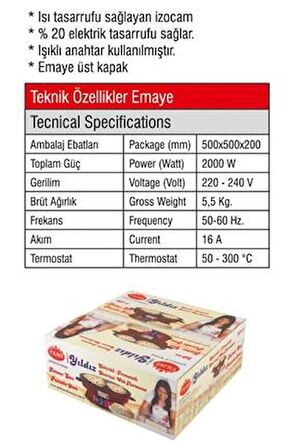 YILDIZ 2000w Elektrikli Lüks Termostatlı 50 Cm Ekmek,gözleme,börek Ve Katmer Sacı