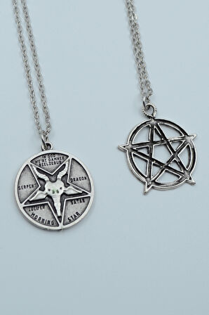 2'li Lucifer Morning Star Pentagram Wicca Gümüş Kaplama Kolye Seti