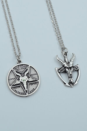 2'li Lucifer Morning Star Pagan - Keçi Şeytan Gümüş Kaplama Kolye Seti