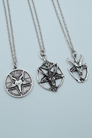 3'lü Lucifer Morning Star Pentagram Pagan Keçi Şeytan Gümüş Kaplama Kolye Seti