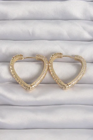 Pirinç Gold Renk Zirkon Taşlı Motifli Kalp Küpe