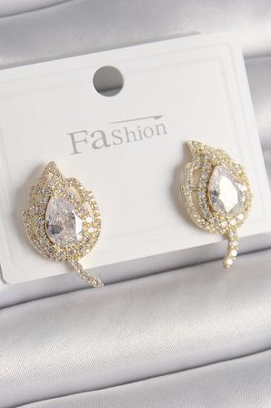 MEKS Yaprak Model Pirinç Zirkon Taşlı Gold Kadın Küpe