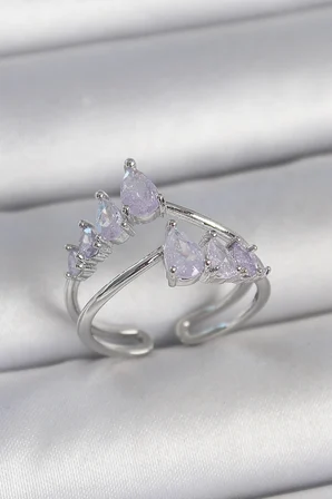 Pirinç Gümüş Renk Mor Damla Zirkon Taşlı Taç Model Kadın Yüzük