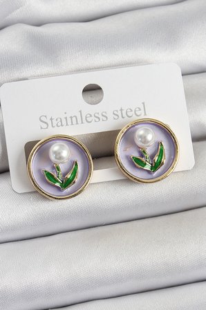 Pirinç Mor Mineli Lale Figürlü Sanatsal Portre Model Gold Renk Kadın Küpe