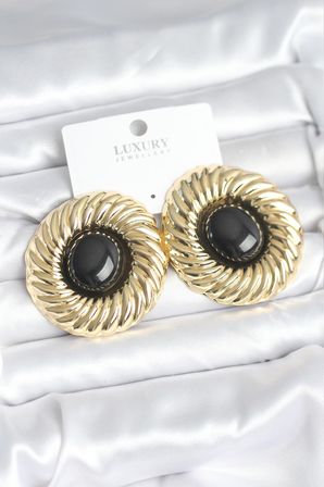 Meks Pirinç Kadın Küpe Gold Siyah Taşlı Vintage