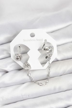 Meks Pirinç Gümüş Renk Yılan Model Zincir Bağlantılı Ear Cuff Küpe Seti