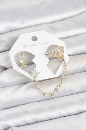 MEKS Yıldız Model Pirinç Gold Renk Zincir Bağlantılı Ear Cuff Küpe Seti