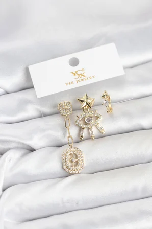 Pirinç Gold Renk Göz ve Kutup Yıldızı Model YSX Trio Küpe Seti