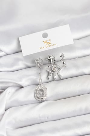 Pirinç Gümüş Renk Göz ve Kutup Yıldızı Model YSX Trio Küpe Seti