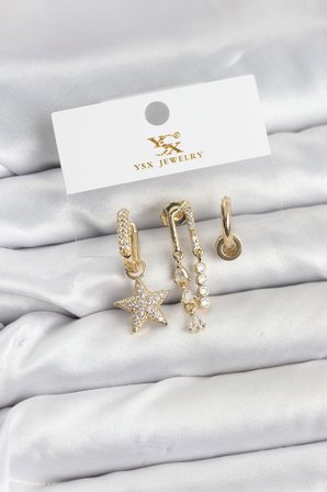 Pirinç Gold Renk Zirkon Taşlı Yıldız Vintage Model YSX Trio Küpe Seti