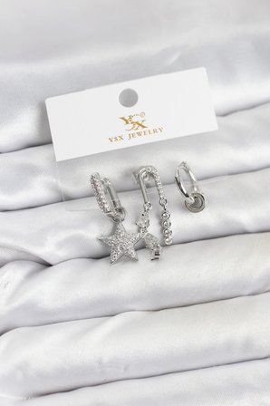 MEKS Pirinç Gümüş Renk Zirkon Taşlı Yıldız Vintage Model YSX Trio Küpe Seti