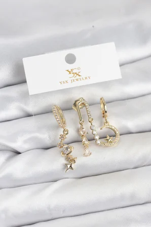 MEKS Pirinç Altın Renk Zirkon Taşlı Uzay Model Trio Küpe Seti