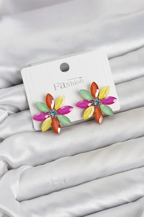Karışık Renk Kristal Taşlı Lotus Çiçek Model Kadın Küpe