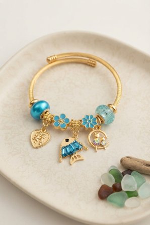 Balık Charmlı Mavi Renk Gold Bileklik