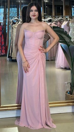 Pembe Straplez Yaka Yırtmaçlı Düz Kesim Likralı Tül Uzun Abiye Elbise 11264-07
