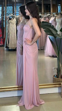 Pembe Straplez Yaka Yırtmaçlı Düz Kesim Likralı Tül Uzun Abiye Elbise 11264-07