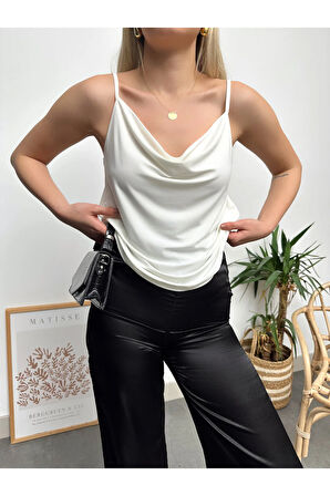 Kadın Beyaz Ip Askılı Degaje Yaka Luxury Bluz