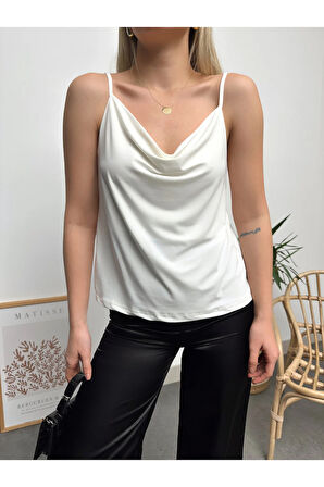 Kadın Beyaz Ip Askılı Degaje Yaka Luxury Bluz