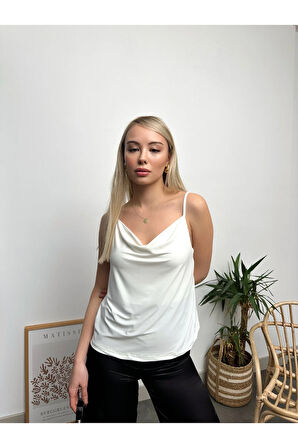 Kadın Beyaz Ip Askılı Degaje Yaka Luxury Bluz