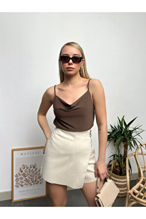 Kadın Kahverengi Ip Askılı Degaje Yaka Luxury Bluz