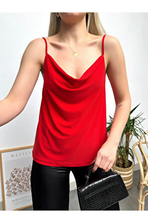 Kadın Kırmızı Ip Askılı Degaje Yaka Luxury Bluz