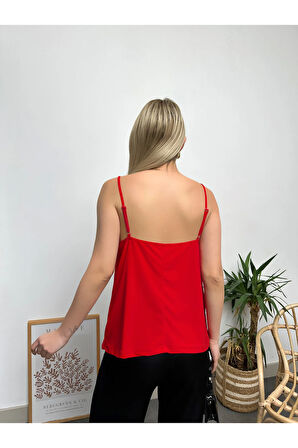 Kadın Kırmızı Ip Askılı Degaje Yaka Luxury Bluz