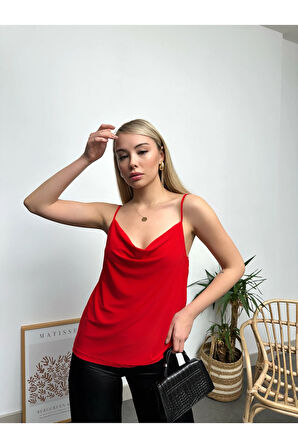 Kadın Kırmızı Ip Askılı Degaje Yaka Luxury Bluz