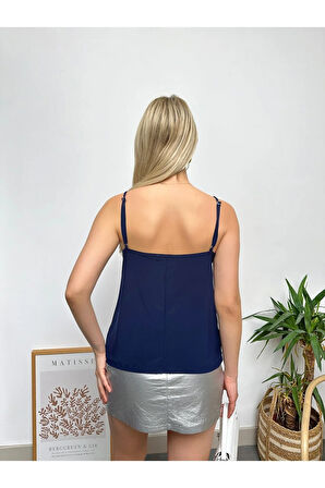 Kadın Lacivert Ip Askılı Degaje Yaka Luxury Bluz