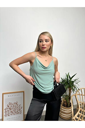 Kadın Yeşil Ip Askılı Degaje Yaka Luxury Bluz