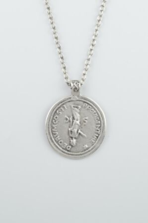 Antik Roma Sikkesi - Parası Erkek Kadın Kolye Antik Gümüş Kaplama - 60 cm Düz Zincir