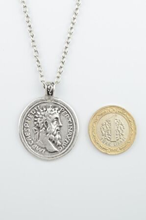 Antik Roma Sikkesi - Parası Erkek Kadın Kolye Antik Gümüş Kaplama - 60 cm Düz Zincir