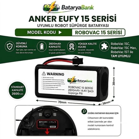 Anker Eufy RoboVac 15 Serisi Uyumlu Robot Süpürge Bataryası 14.4V 2600mAh Li-ion Şarj Edilebilir Pil (15C / 15C Max / 15T)