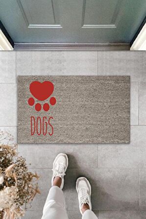 Dijital Baskı Gri Kırmızı Kalpli Dogs Dekoratif Kapı Paspası K-2073