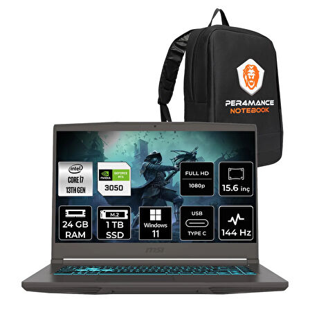 MSI Thin 15 i7 13620H 24GB 1TB SSD RTX3050/4GB 15.6" FHD 144HZ W11H Gaming Laptop & PER4 ÇANTA