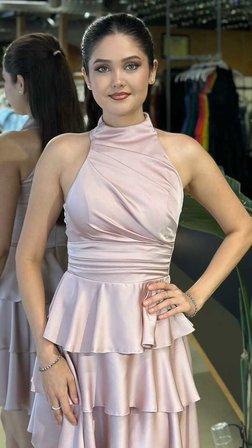Rose Halter Yaka Saten  Kısa Abiye Elbise 11278-09