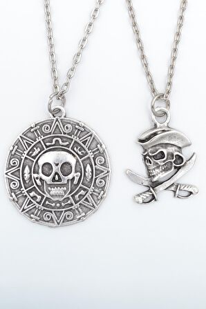 2'li Karayip Korsan Sikkesi - Kılıç Korsan Erkek Kadın Kolye Seti 925 Ayar Gümüş Kaplama