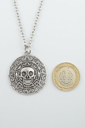 2'li Karayip Korsan Sikkesi - Kılıç Korsan Erkek Kadın Kolye Seti 925 Ayar Gümüş Kaplama