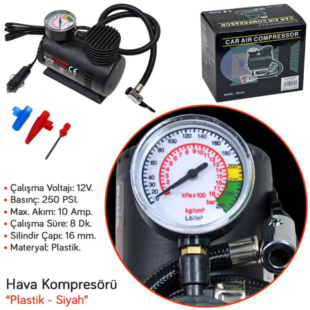 Carspeed Hava Kompresörü 12V 250 Psi Plastik Siyah TM10A CS-KP300