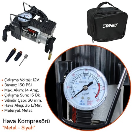 Carspeed Hava Kompresörü 12V 150 Psi Metal Kalın Piston Çantalı TH20B CS-KP100