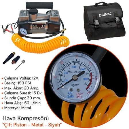 Carspeed Hava Kompresörü 12V 150 Psi Metal Çift Piston Çantalı TH20H CS-KP200 (CS-HK010)